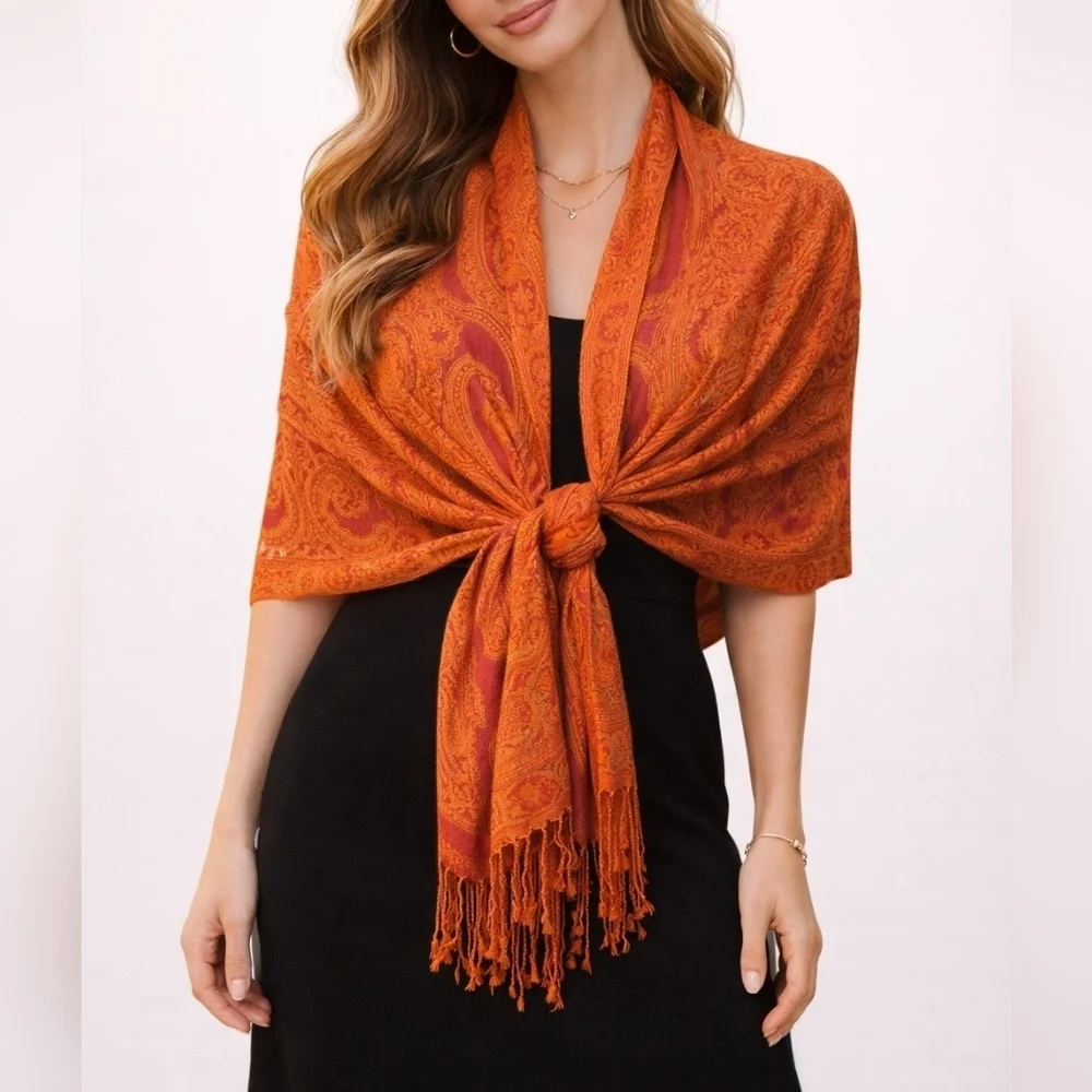 ORANGE Paisley Floral Shawl Wrap Cover-up